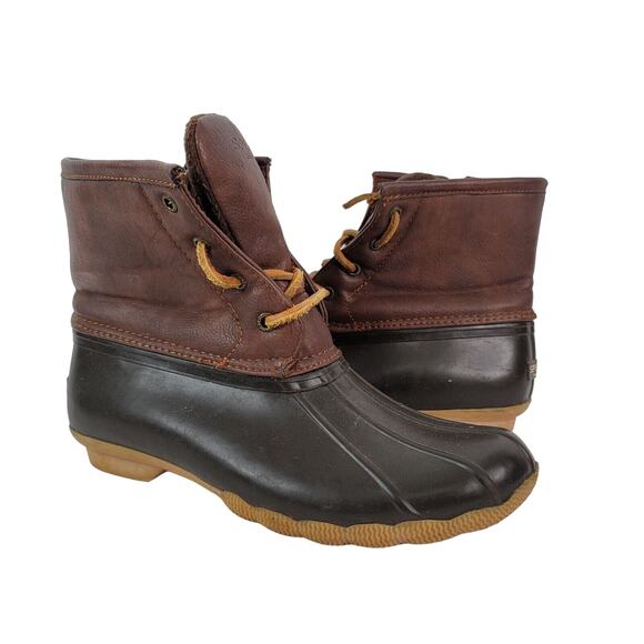 Sperry Duck Boots Girls 4 Topsides Saltwater Brown Leather Side Zip YG55362 - Picture 1 of 14